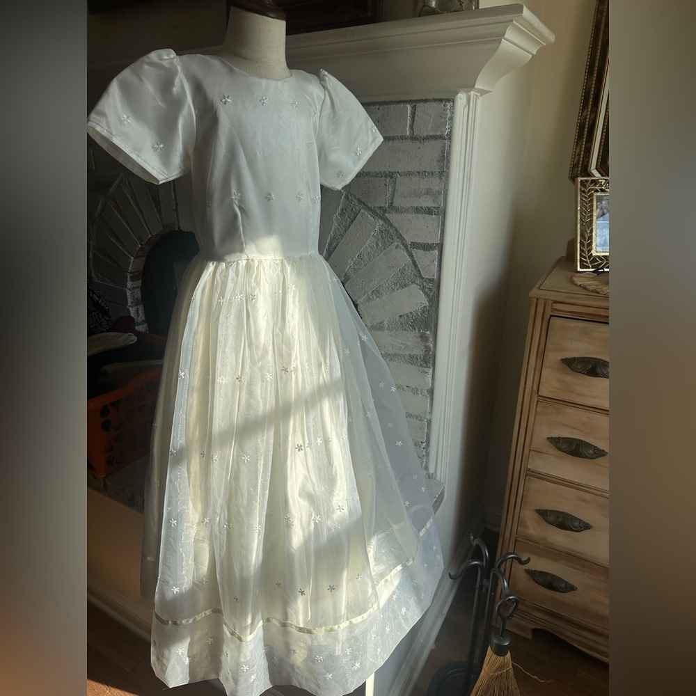 Girls Formal Silk White Dress with Floral Embroidery